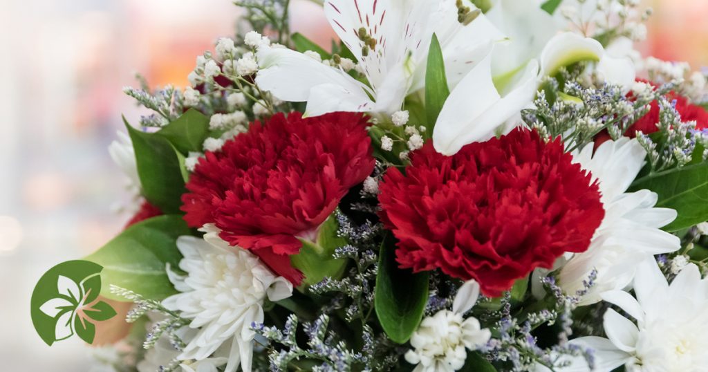 Bouquet: white chrysanthemums, red carnation