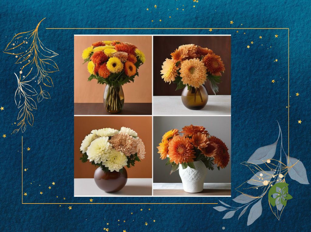 Bouquets of fresh Chrysanthemums in warm and earthy hues