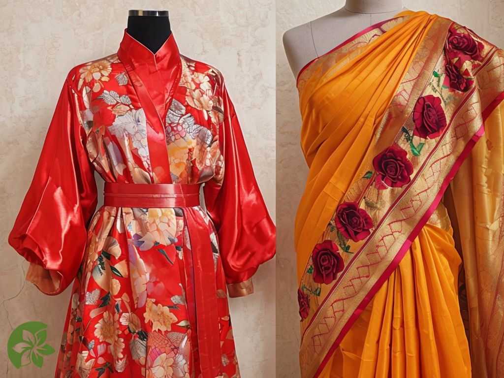 Floral motifs in traditional Japanese kimonos, intricate embroidery on Indian sarees